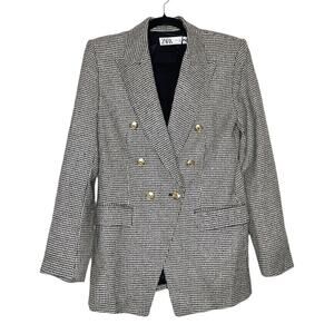 Zara Black Cream Houndstooth Tailored Double Breasted Blazer - Small